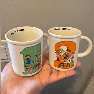 Vintage Pair of Brandywine Art Enesco Now I Am 1 & 2 Ceramic 4oz Mugs EUC 1982